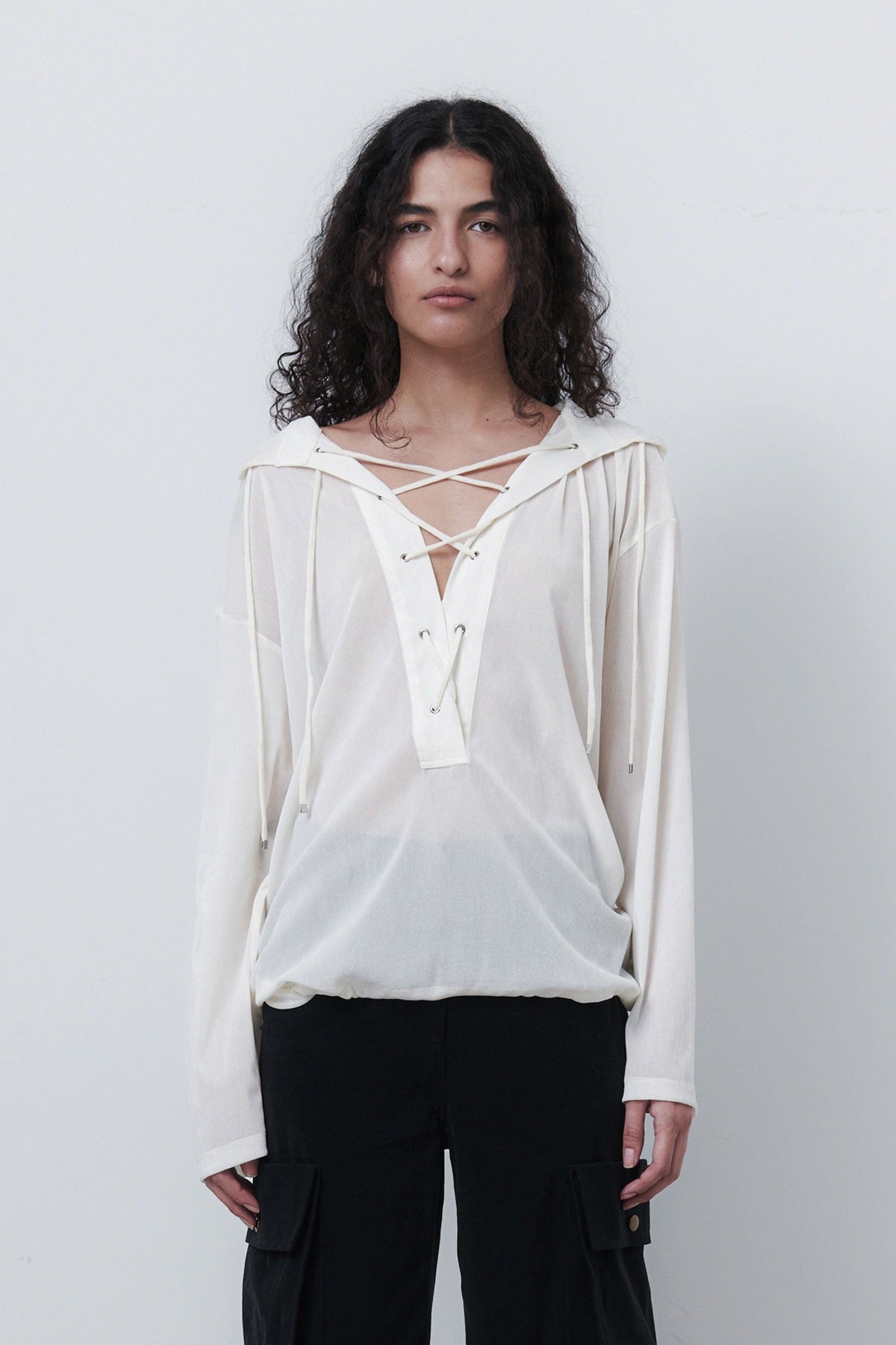 VELVET LACE UP ANORAK - CREAM