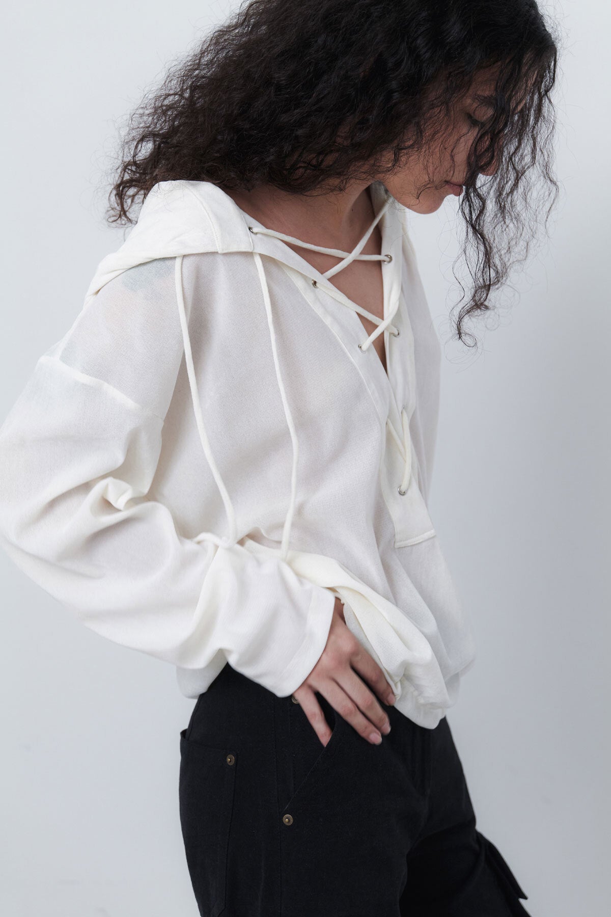 VELVET LACE UP ANORAK - CREAM
