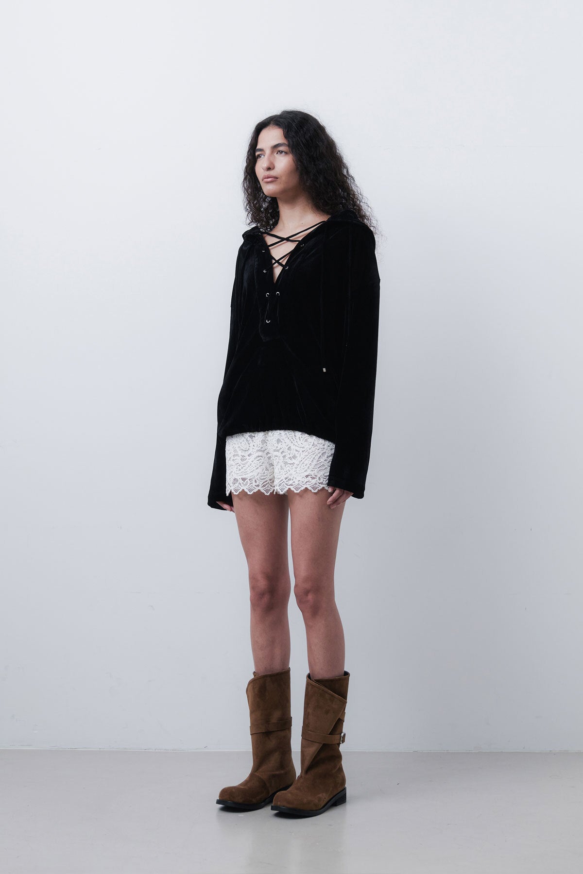 VELVET LACE UP ANORAK - BLACK