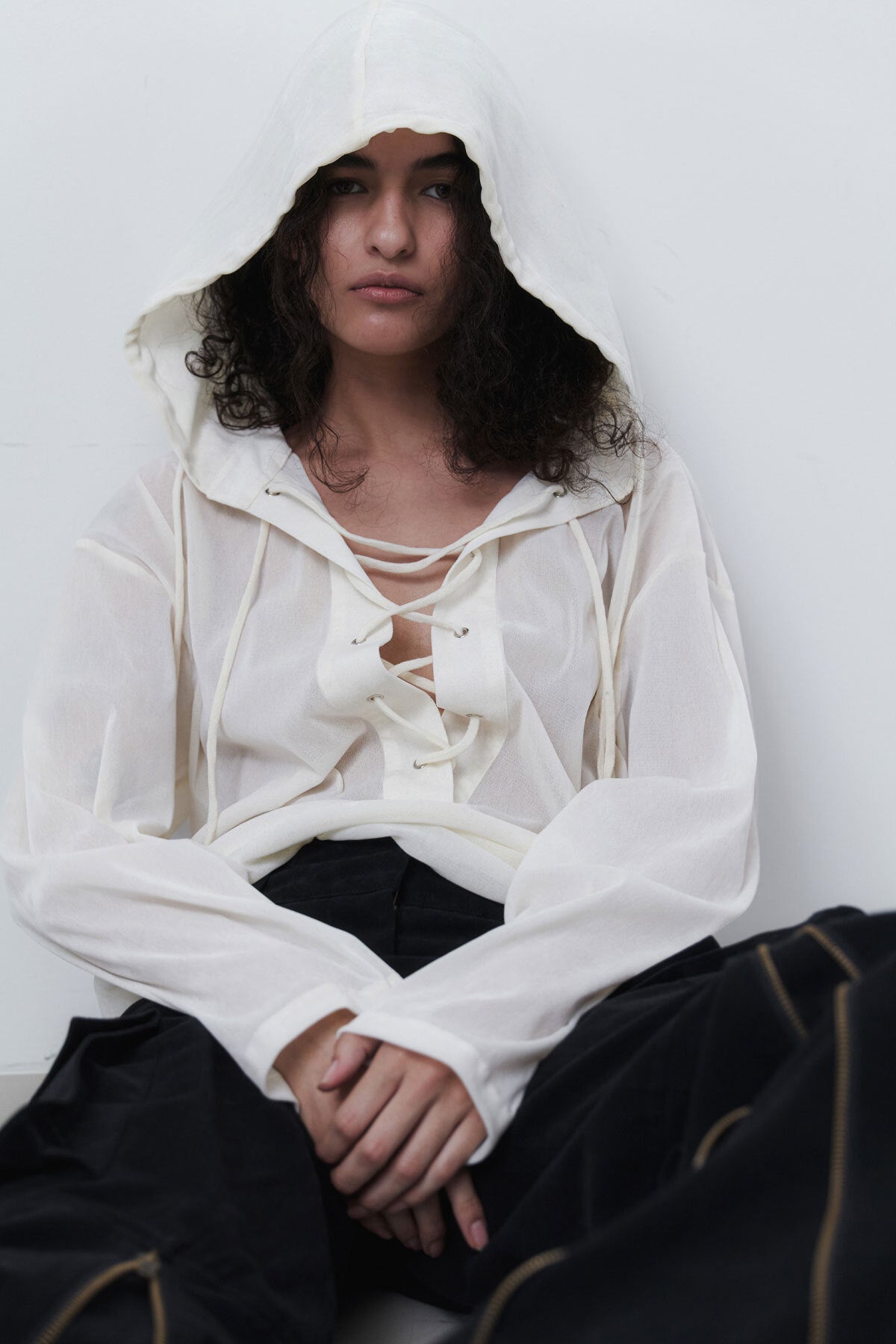 VELVET LACE UP ANORAK - CREAM