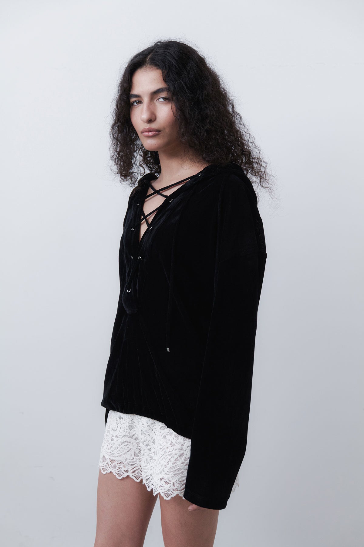 VELVET LACE UP ANORAK - BLACK