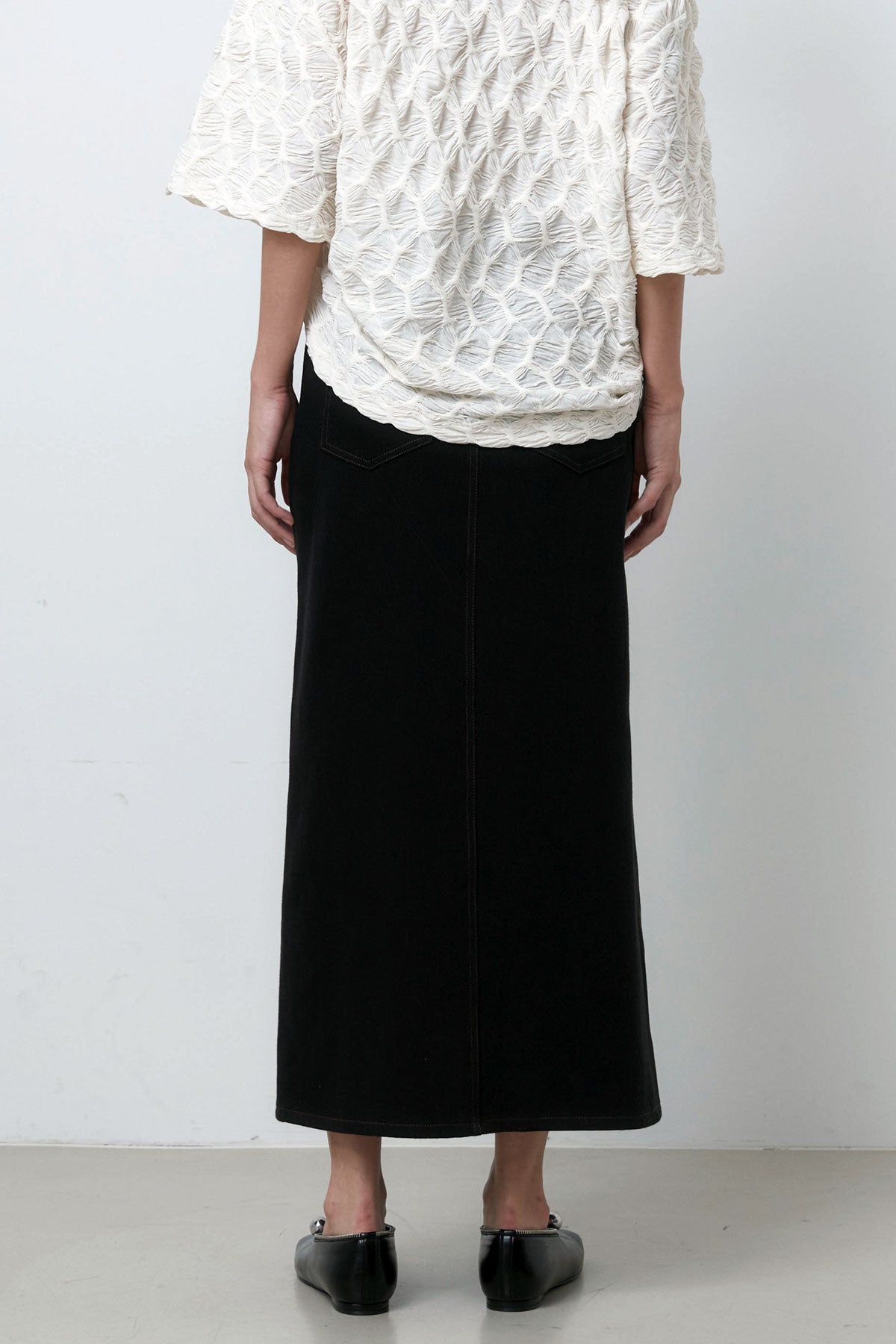 FOLDING DENIM LONG SKIRT - BLACK