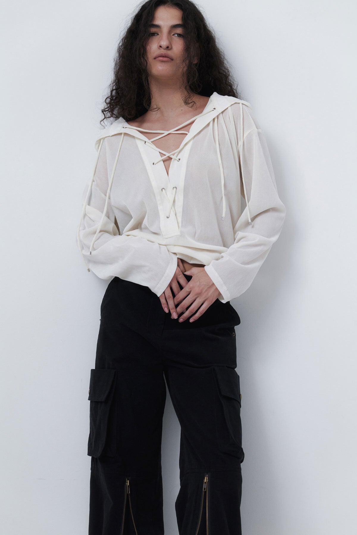 VELVET LACE UP ANORAK - CREAM