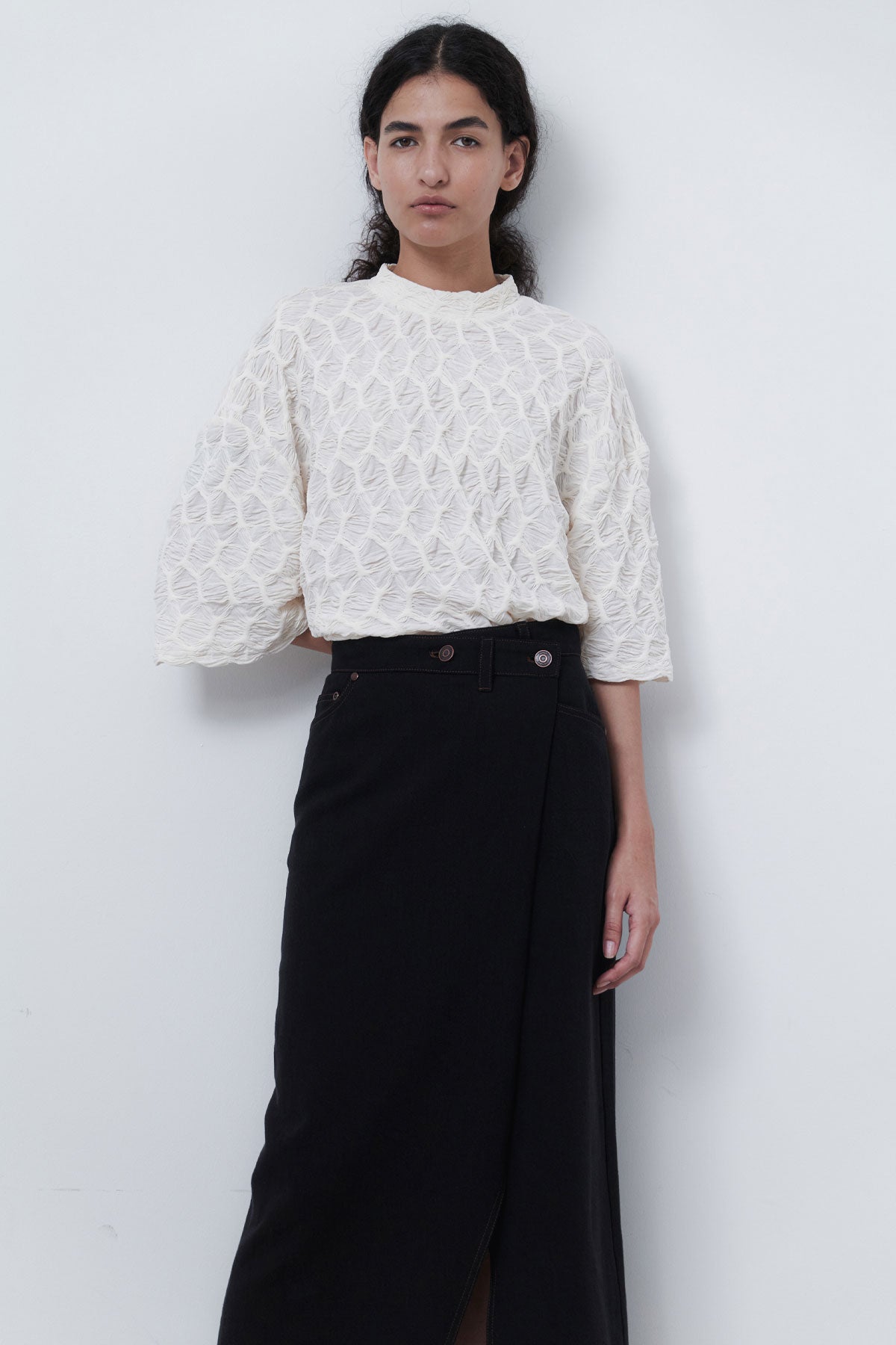 FOLDING DENIM LONG SKIRT - BLACK