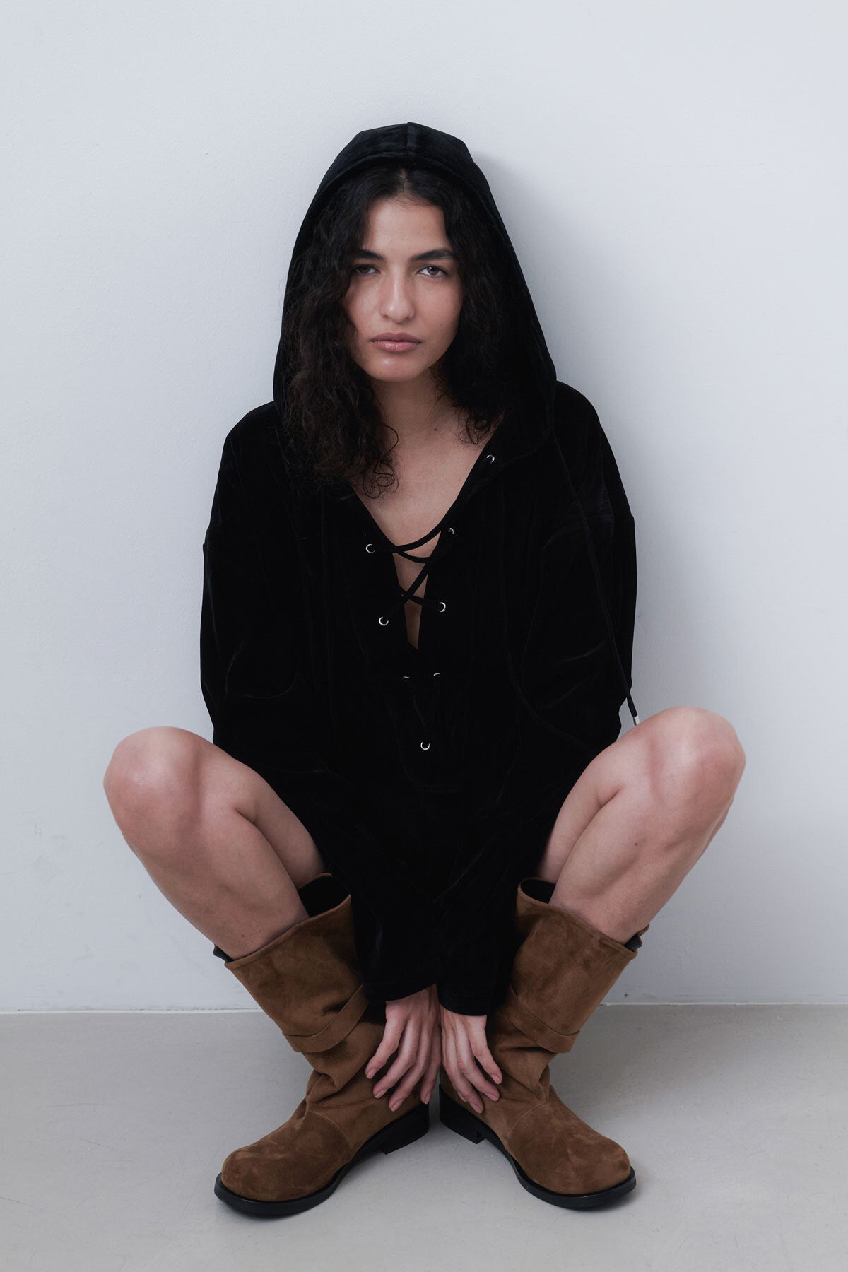 VELVET LACE UP ANORAK - BLACK
