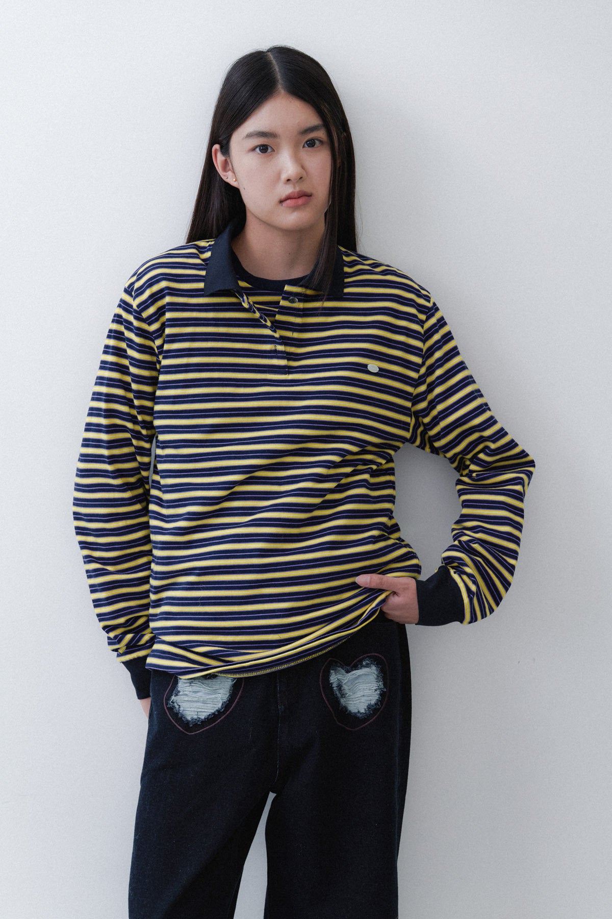STRIPE SLEEVE T - PURPLE/YELLOW