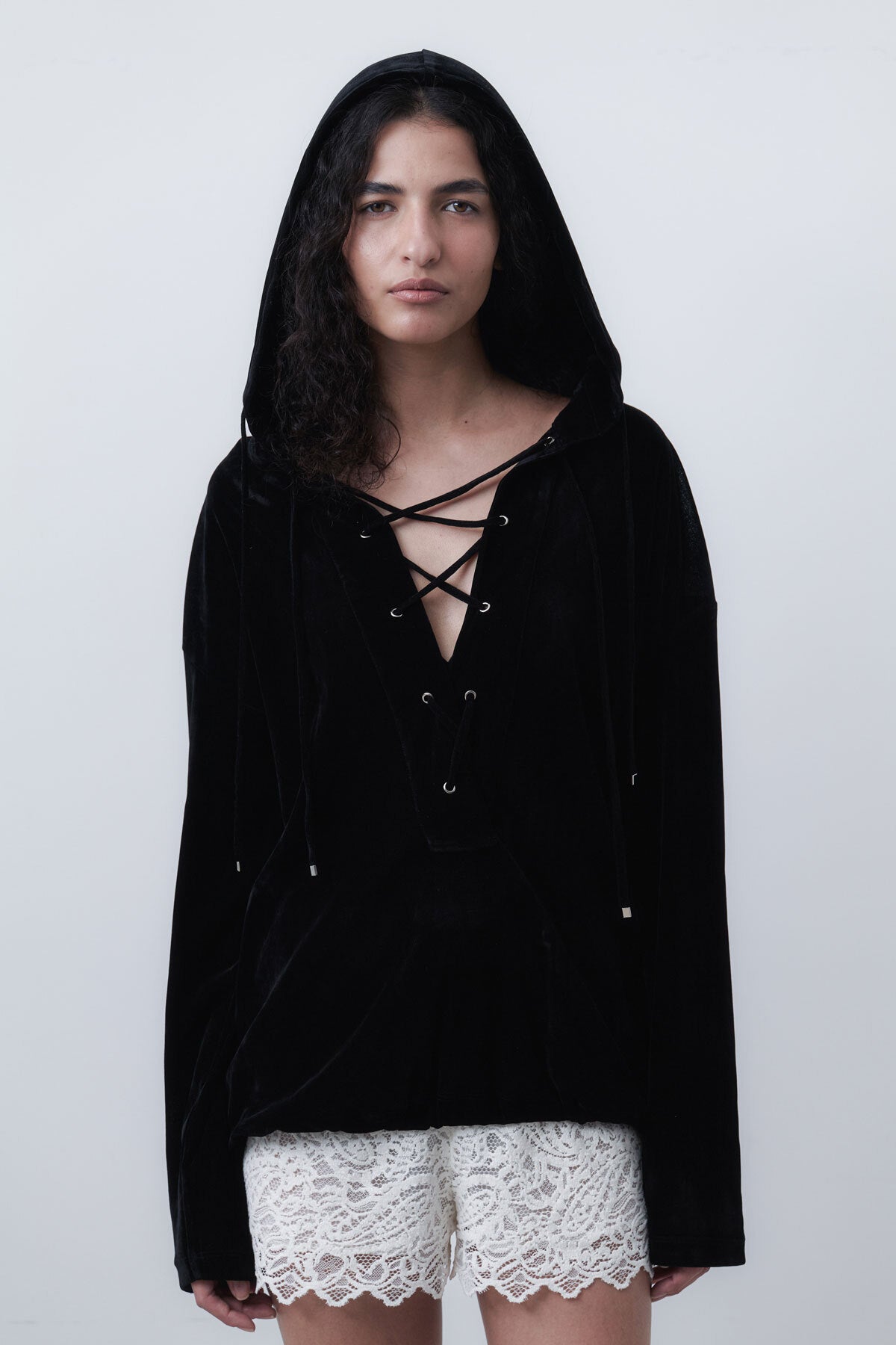 VELVET LACE UP ANORAK - BLACK