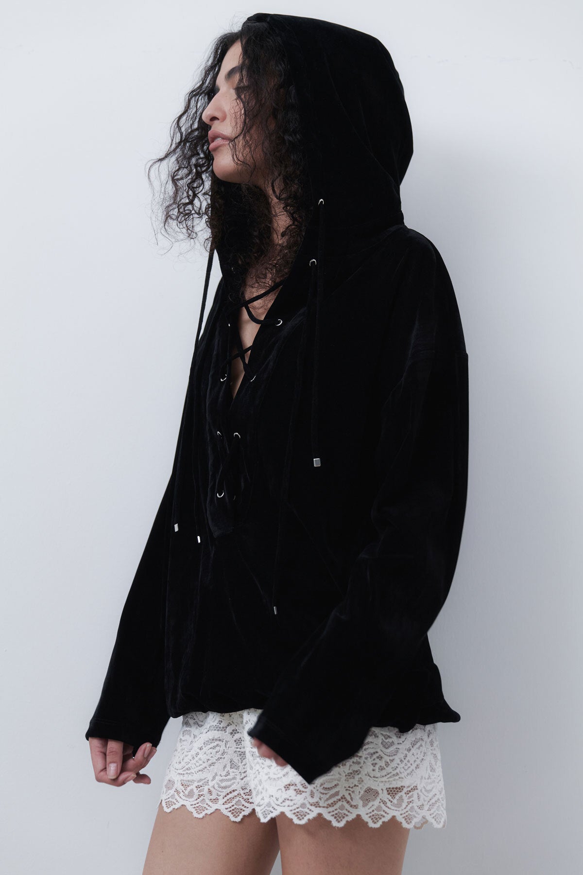 VELVET LACE UP ANORAK - BLACK