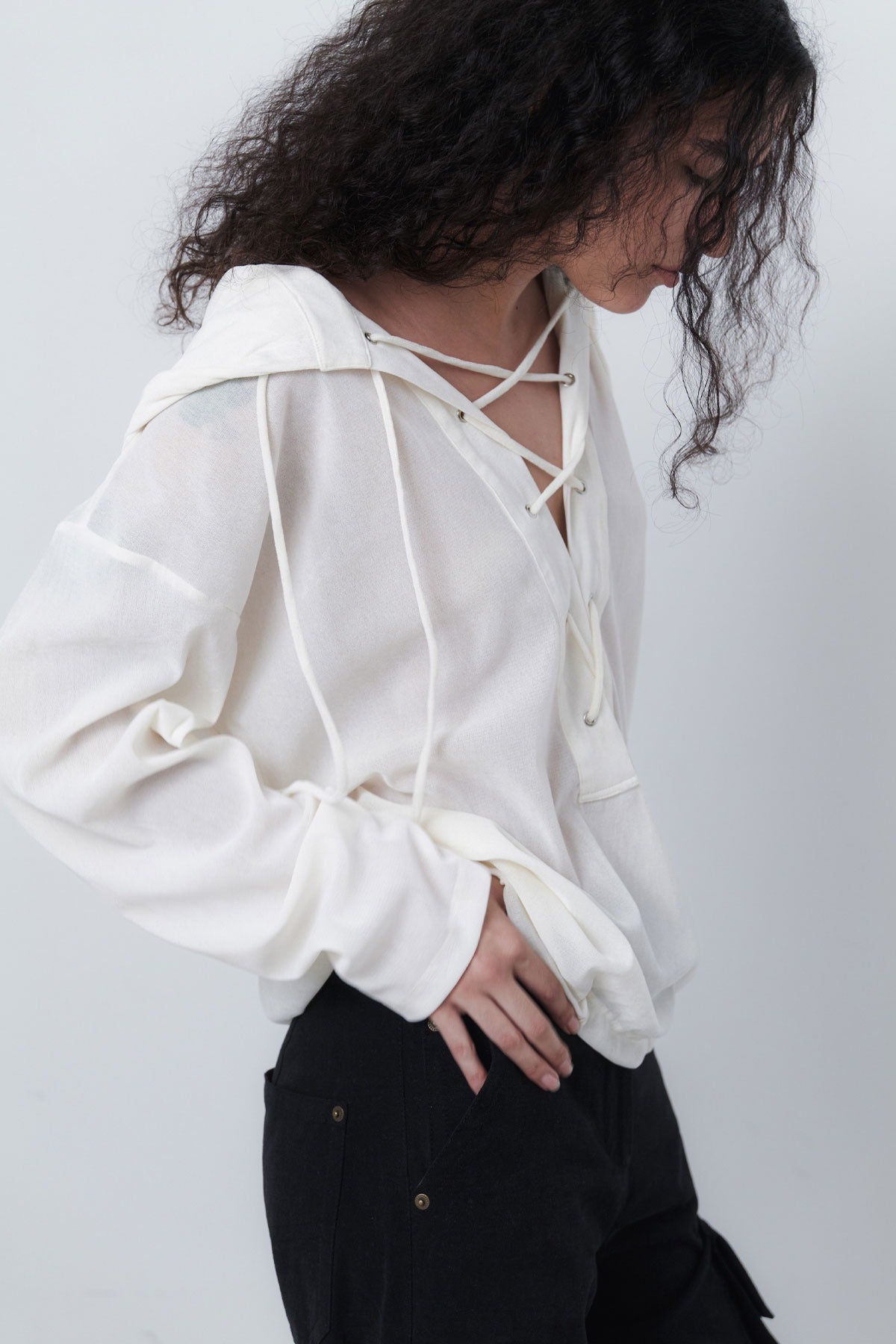 VELVET LACE UP ANORAK - CREAM