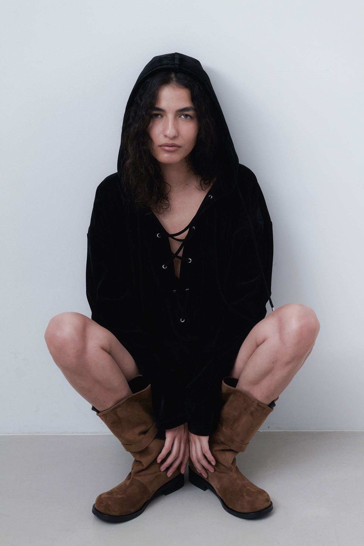VELVET LACE UP ANORAK - BLACK