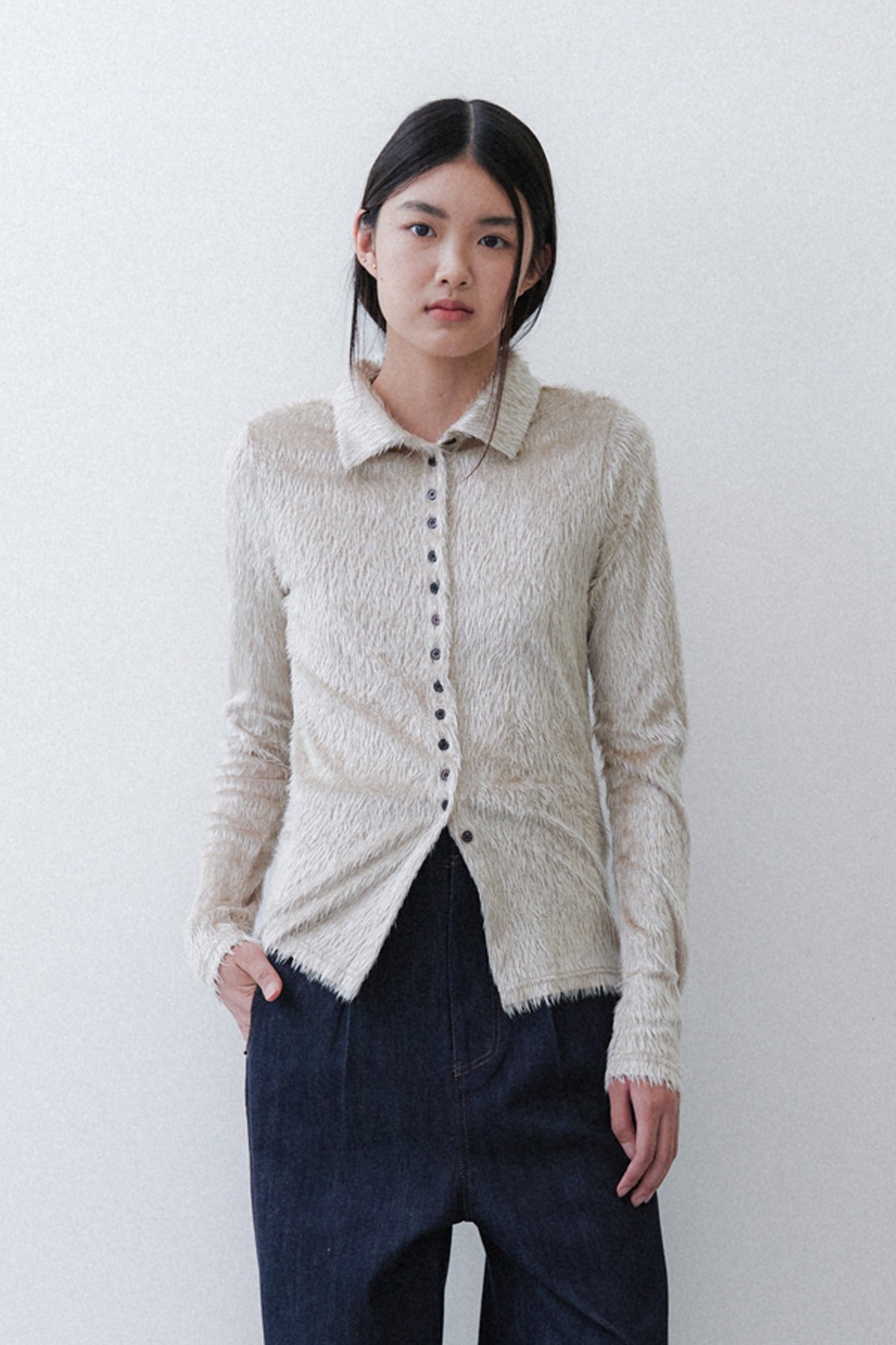 FUR SLIM KNIT TOP - BEIGE