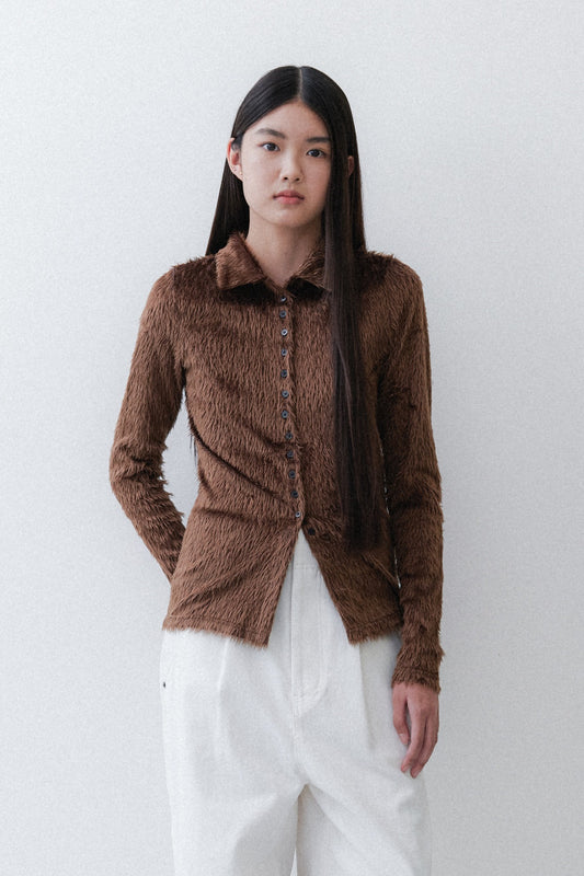FUR SLIM KNIT TOP - BROWN