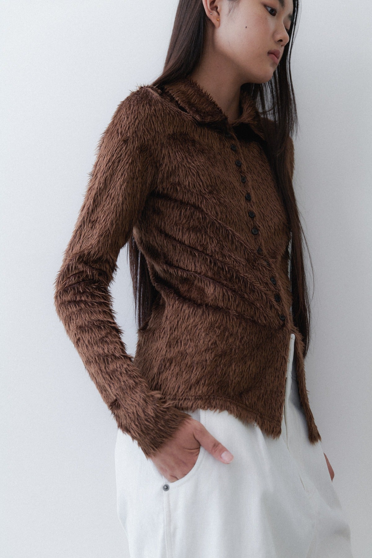 FUR SLIM KNIT TOP - BROWN
