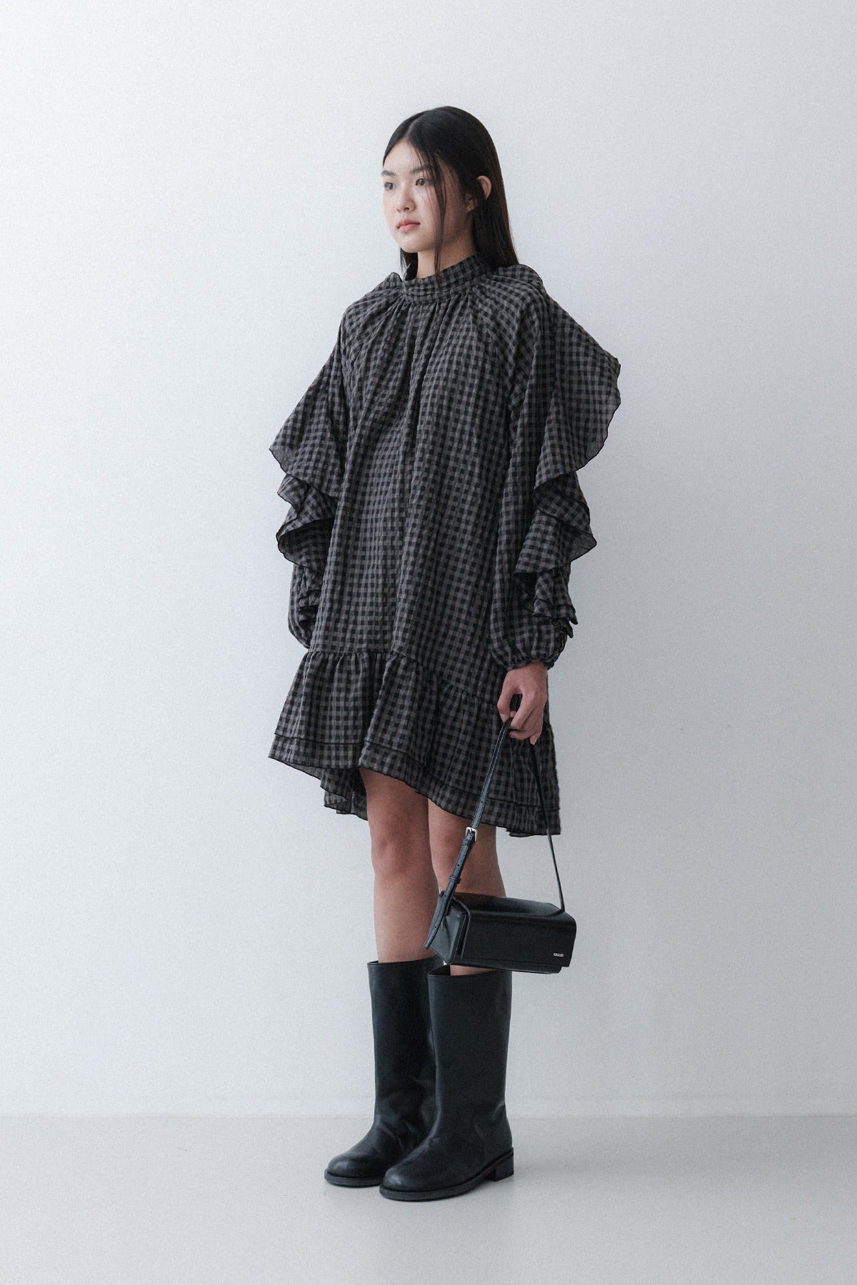 RUFFLE DRESS - OREO CHECK