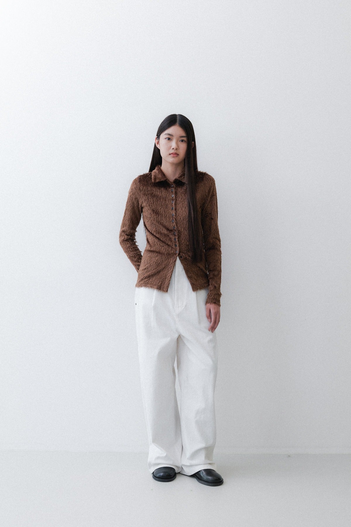 FUR SLIM KNIT TOP - BROWN