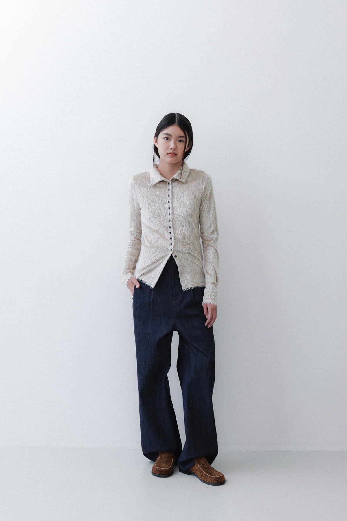 FUR SLIM KNIT TOP - BEIGE