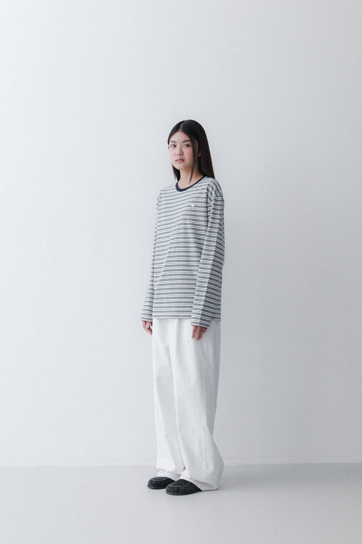 STRIPE SLEEVE T - CREAM/GREY