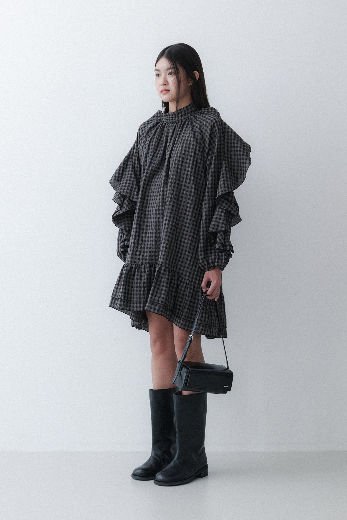 RUFFLE DRESS - OREO CHECK
