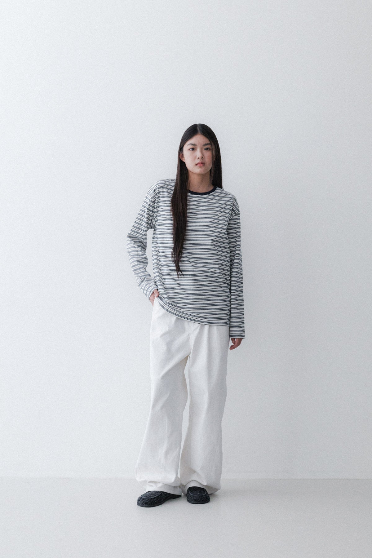 STRIPE SLEEVE T - CREAM/GREY