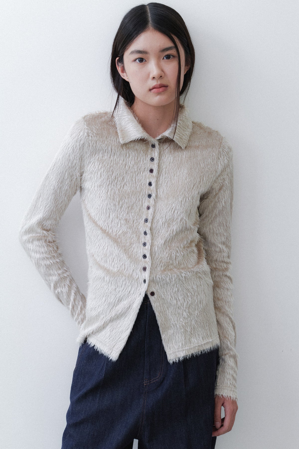 FUR SLIM KNIT TOP - BEIGE