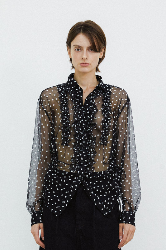 SHIRRING FRILL BLOUSE - BLACK