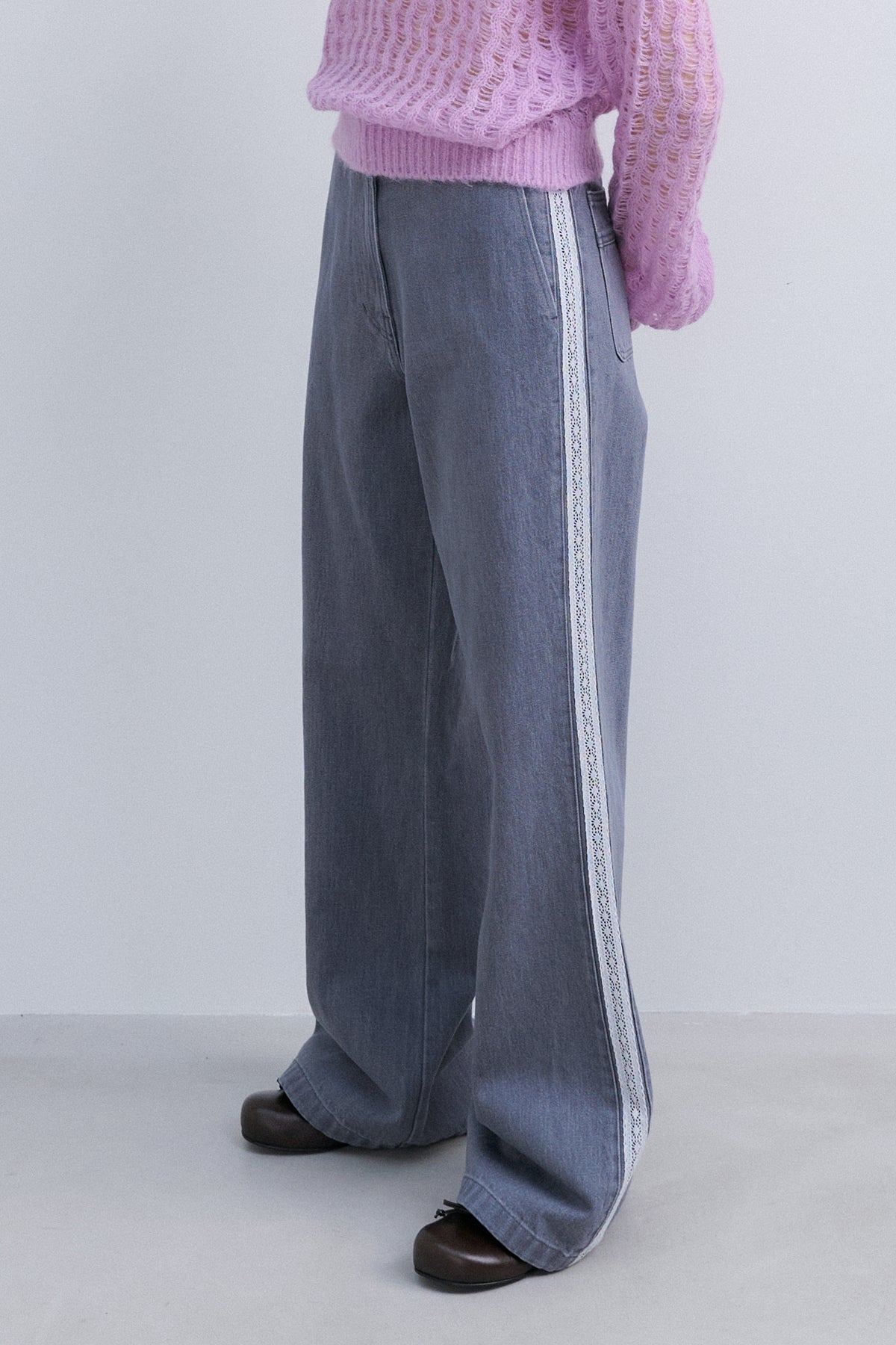 LACE TRIM DENIM PANTS - ICY GREY