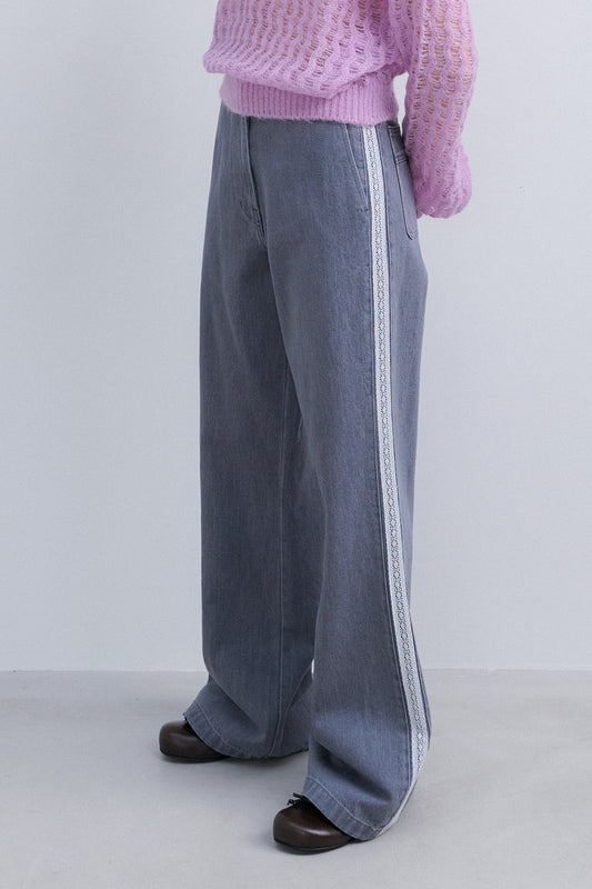 LACE TRIM DENIM PANTS - ICY GREY