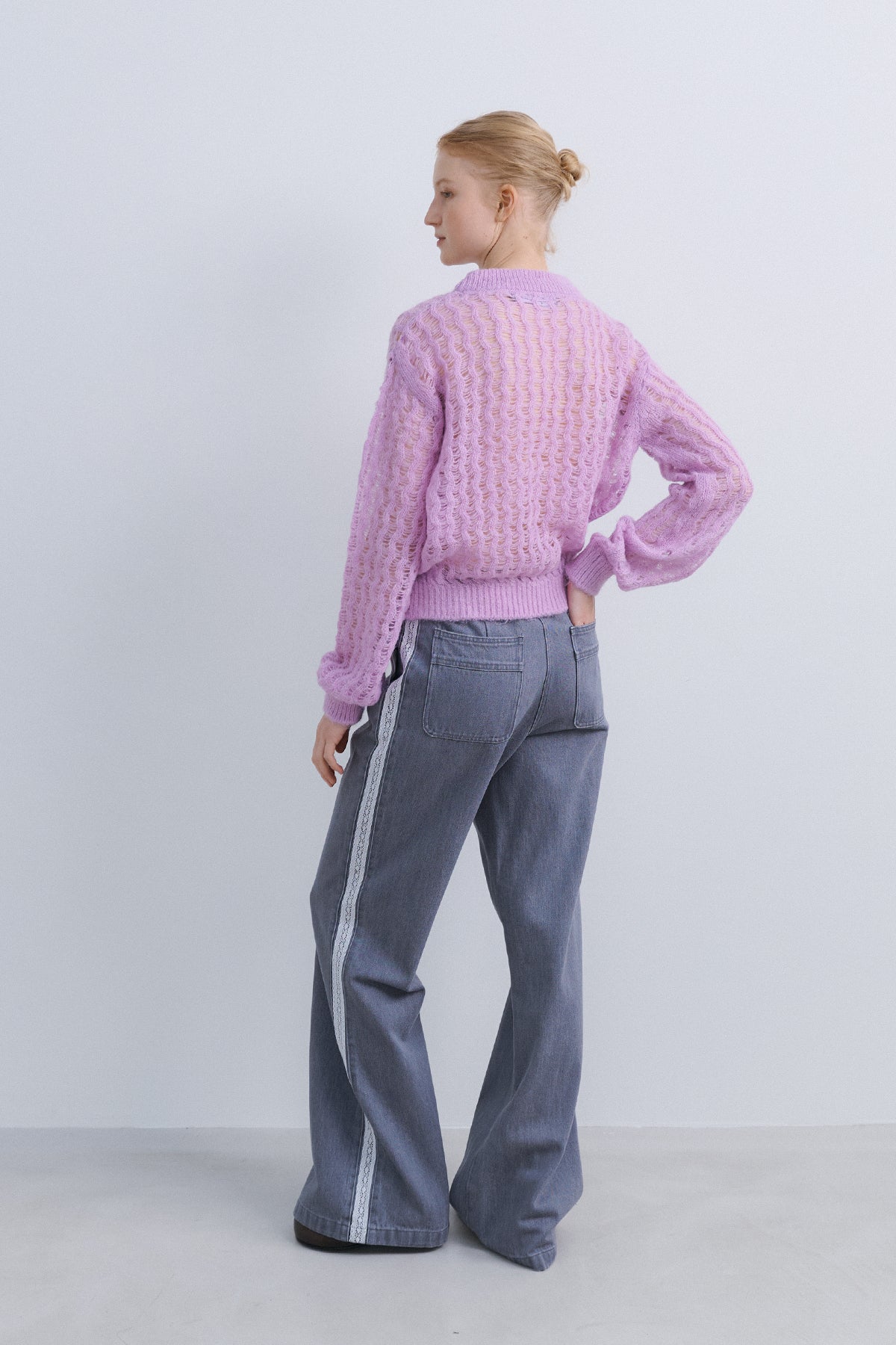 LACE TRIM DENIM PANTS - ICY GREY