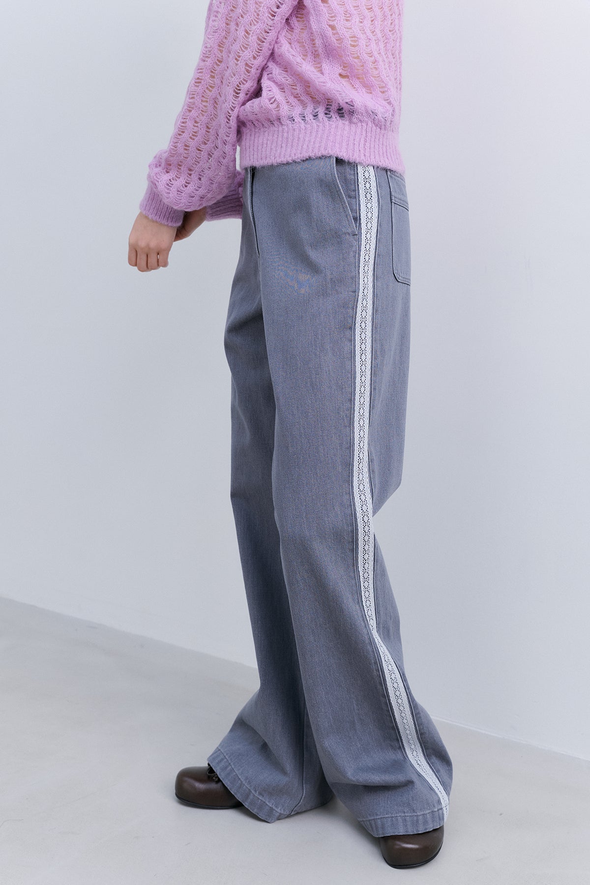 LACE TRIM DENIM PANTS - ICY GREY