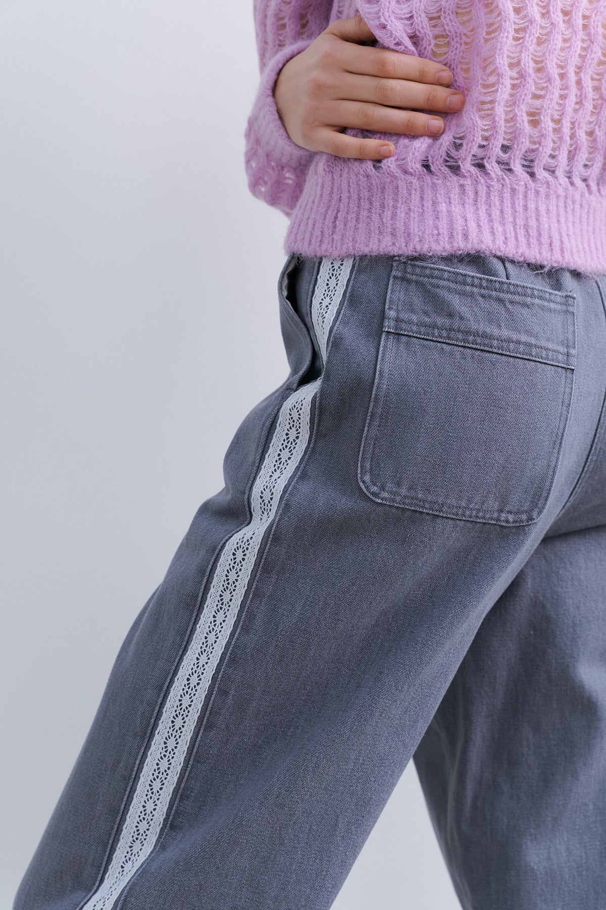 LACE TRIM DENIM PANTS - ICY GREY