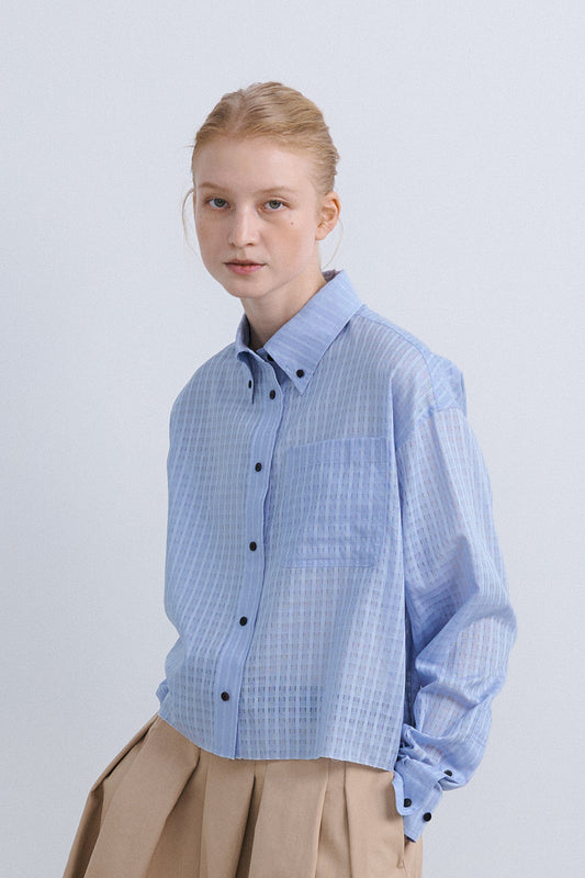 SHEER CHECK CROP SHIRT - BLUE