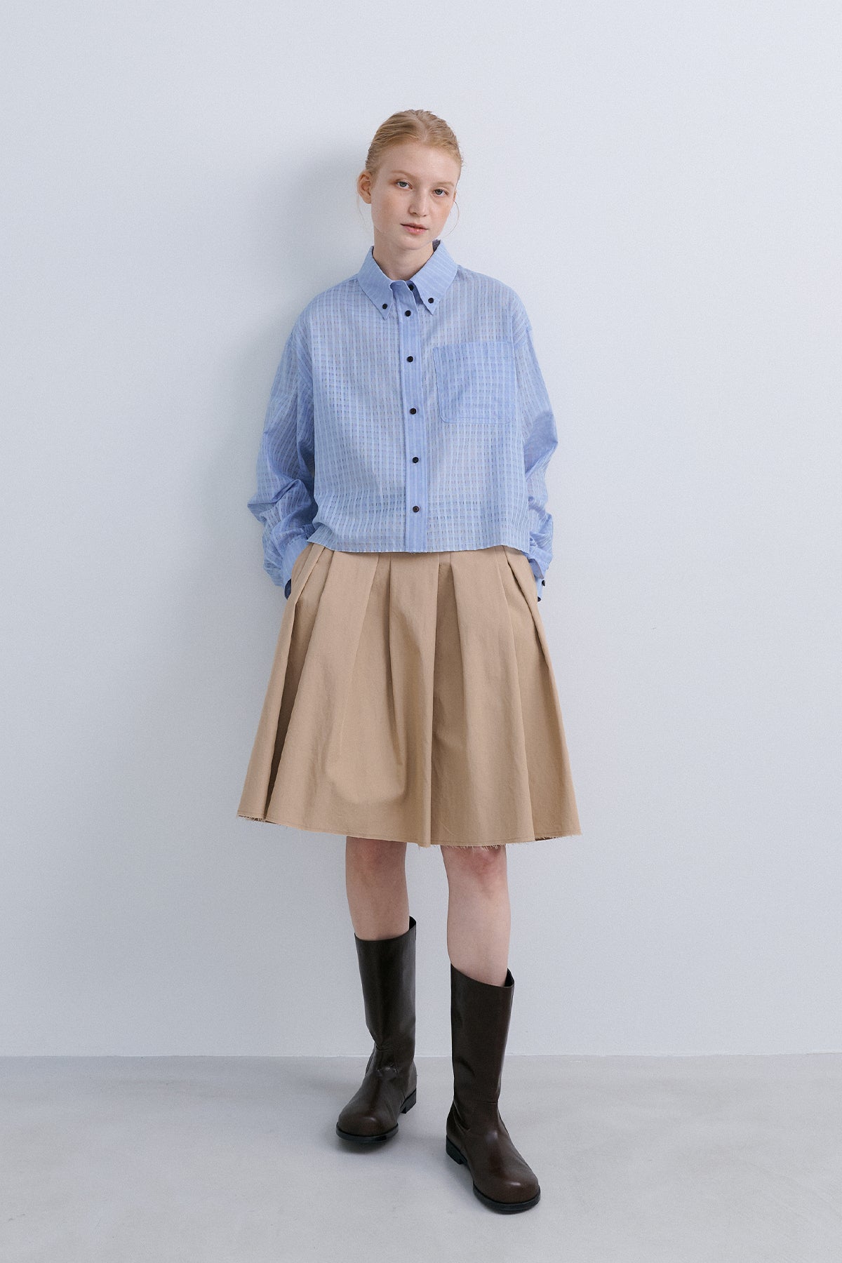 SHEER CHECK CROP SHIRT - BLUE