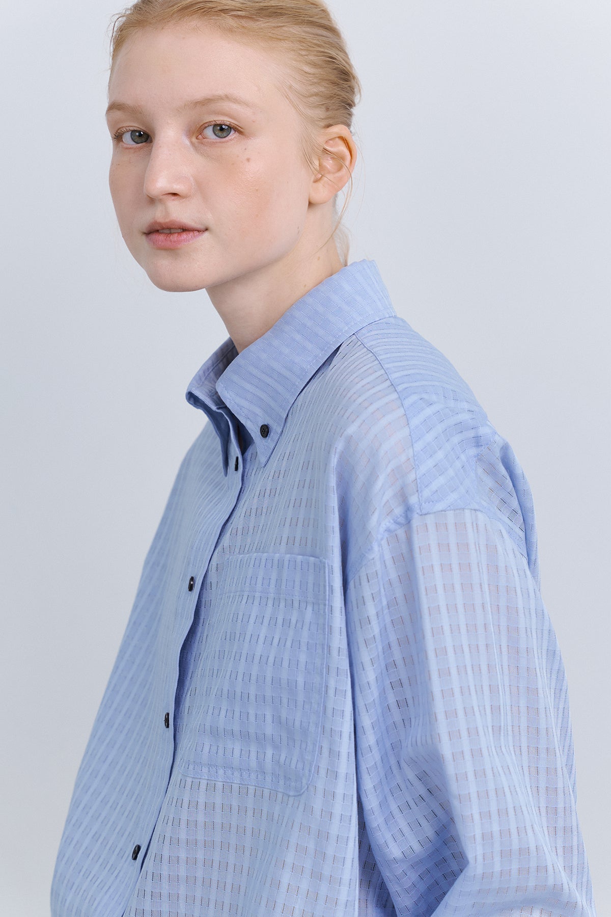 SHEER CHECK CROP SHIRT - BLUE