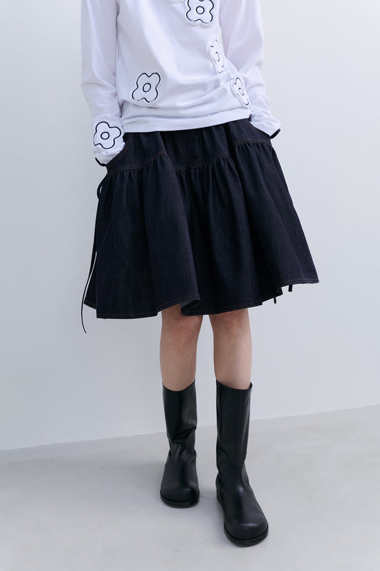 RIBBON FLARE SKIRT - DENIM NAVY