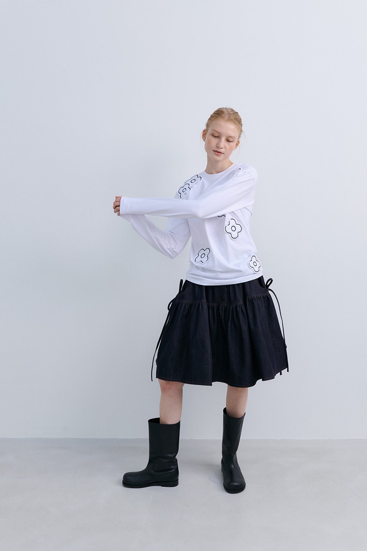 RIBBON FLARE SKIRT - DENIM NAVY