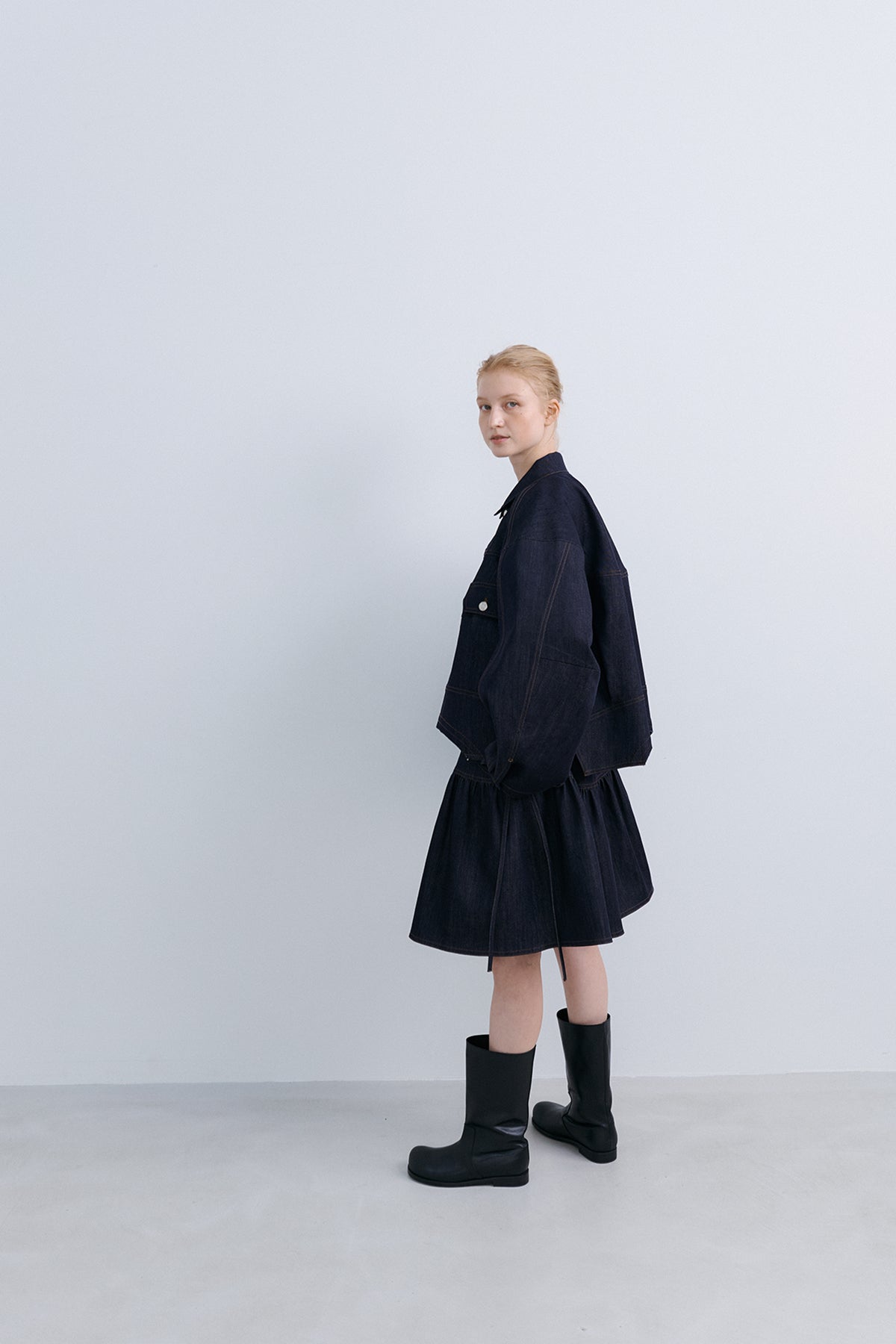 RIBBON FLARE SKIRT - DENIM NAVY