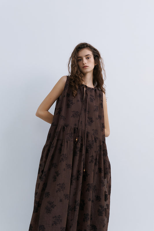 LEAF HALTER DRESS - BROWN