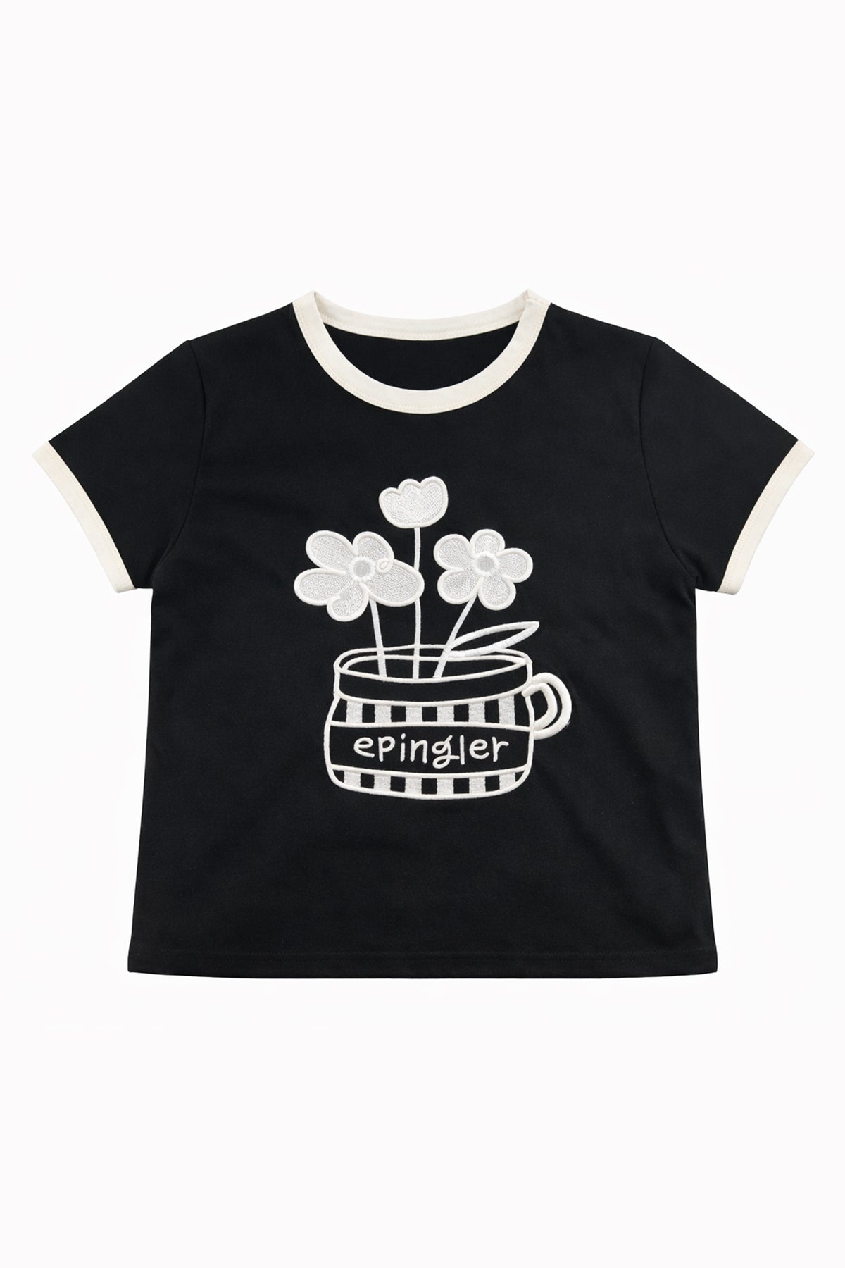 FLOWER EMBROIDERED T - BLACK