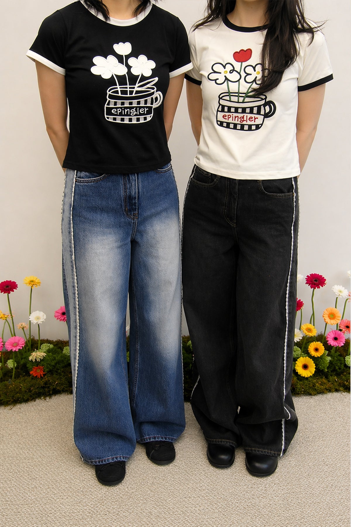 FLOWER EMBROIDERED T - BLACK