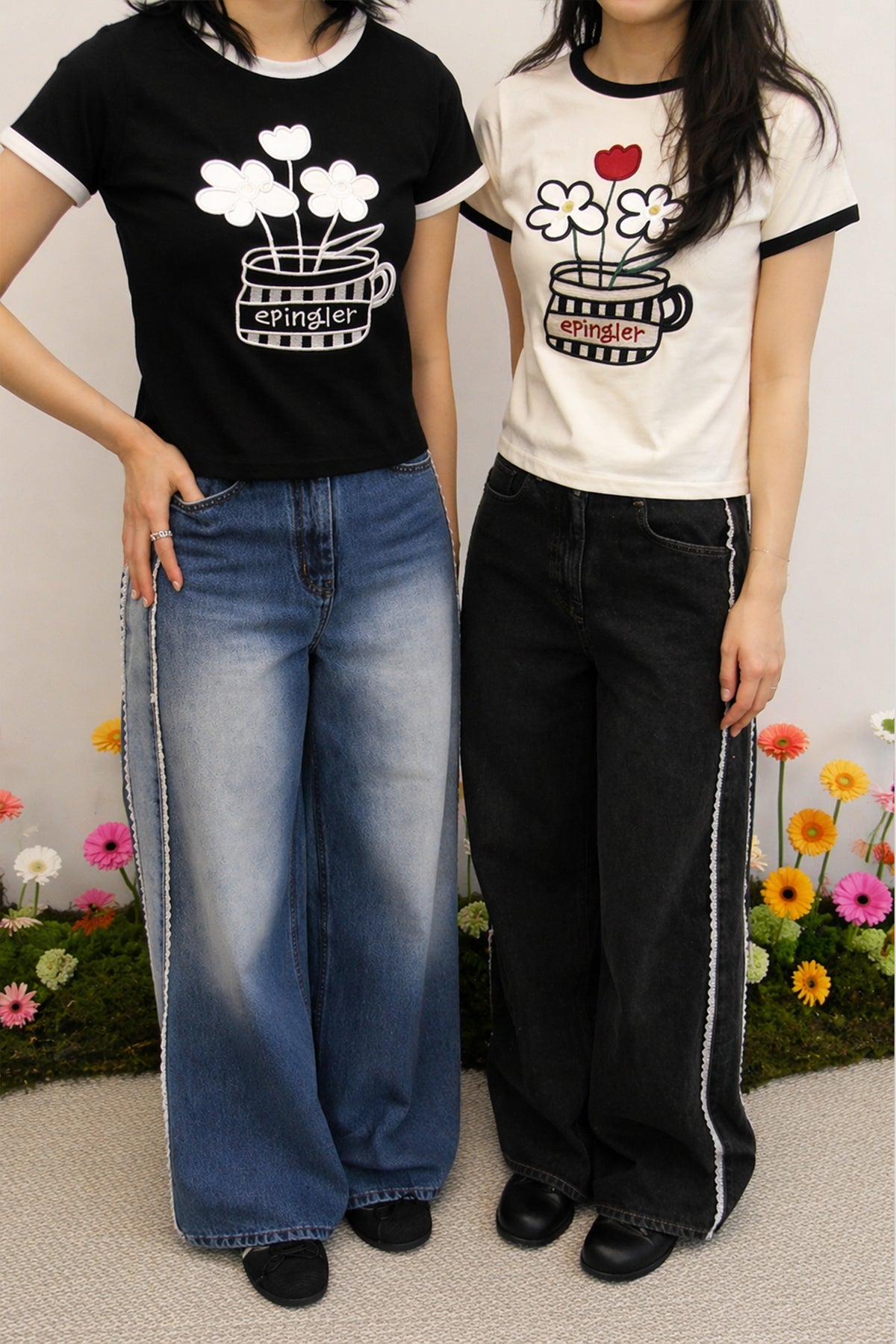 FLOWER EMBROIDERED T - CREAM