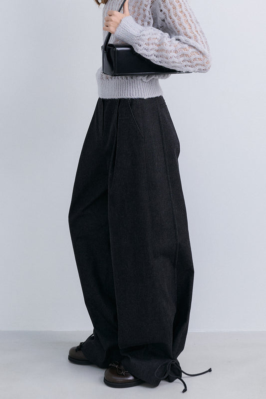 RIBBON DENIM PANTS - BLACK