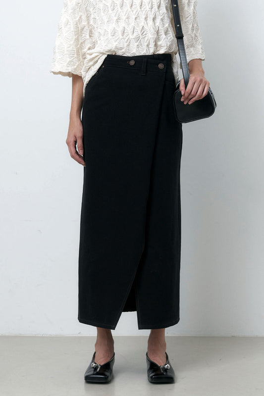 FOLDING DENIM LONG SKIRT - BLACK
