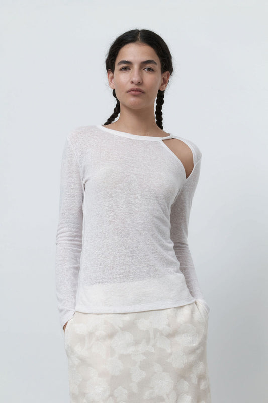 LINEN LONG SLEEVE T - WHITE
