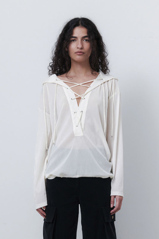 VELVET LACE UP ANORAK - CREAM