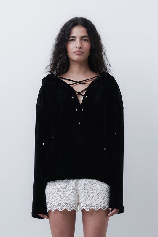 VELVET LACE UP ANORAK - BLACK